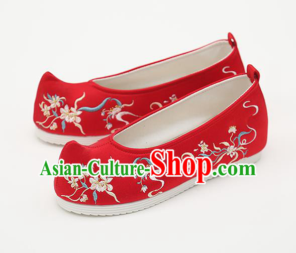 Chinese Handmade Red Embroidered Shoes Traditional Ming Dynasty Female Bow Shoes Hanfu Shoes Ancient Princess Shoes