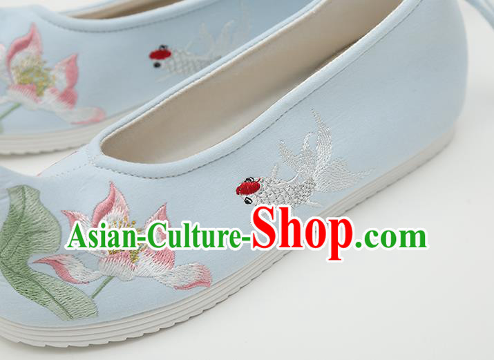 Chinese Handmade Blue Embroidered Shoes Traditional Ming Dynasty Female Bow Shoes Hanfu Shoes Ancient Princess Shoes