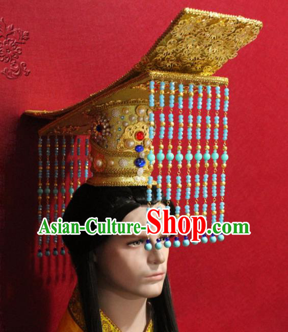 Traditional Chinese Ancient Emperor Blue Beads Tassel Hat Handmade Tang Dynasty Monarch Hair Accessories Golden Royal Crown for Men