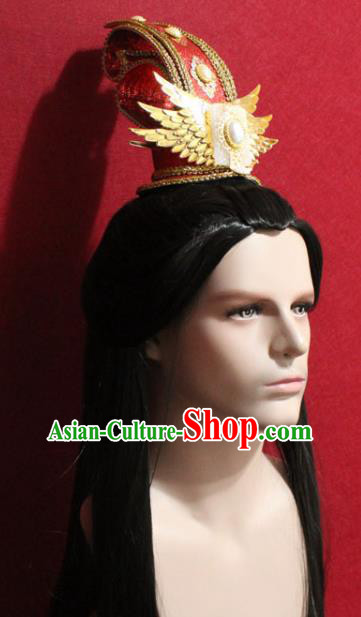 Traditional Chinese Ancient Prince Red Hairdo Crown Handmade Ming Dynasty Noble Childe Jade Hair Accessories for Men