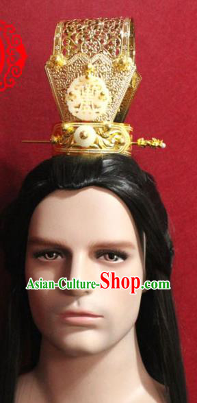 Traditional Chinese Ancient Prince Golden Hairdo Crown and Hairpin Handmade Ming Dynasty Noble Childe Jade Hair Accessories for Men