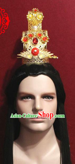 Traditional Chinese Ancient Prince Ruby Hairdo Crown and Hairpin Handmade Ming Dynasty Noble Childe Golden Hair Accessories for Men