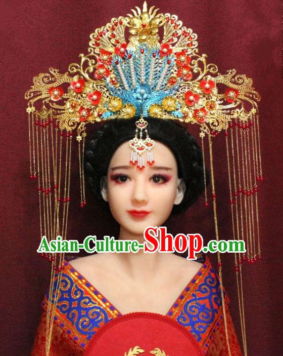 Chinese Ancient Imperial Consort Golden Phoenix Coronet Hair Jewelry Traditional Handmade Tassel Hairpins Ming Dynasty Queen Hair Accessories Complete Set