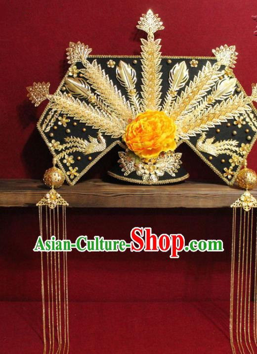 Chinese Ancient Imperial Consort Golden Peony Phoenix Coronet Hair Jewelry Traditional Handmade Hairpins Qing Dynasty Queen Hair Accessories Complete Set