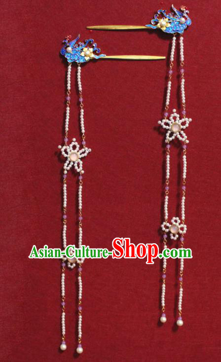 Traditional Chinese Handmade Pearls Tassel Hair Clip Ancient Queen Cloisonne Phoenix Hairpin Hair Accessories for Women