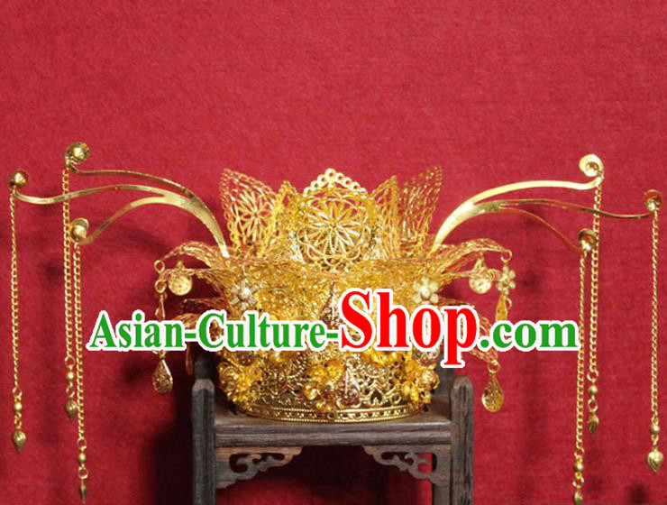 Traditional Chinese Ancient Empress Hair Accessories Golden Tassel Phoenix Coronet Handmade Hair Jewelry Hair Fascinators for Women