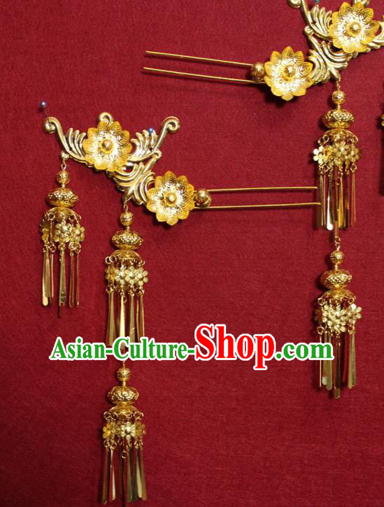 Traditional Chinese Handmade Golden Flowers Tassel Hair Clip Ancient Queen Hair Accessories Hairpin for Women