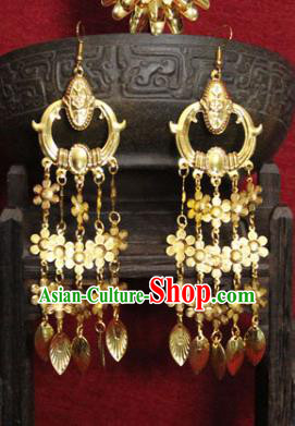 Traditional Chinese Ancient Princess Golden Flowers Tassel Earrings Handmade Jewelry Accessories Eardrop for Women