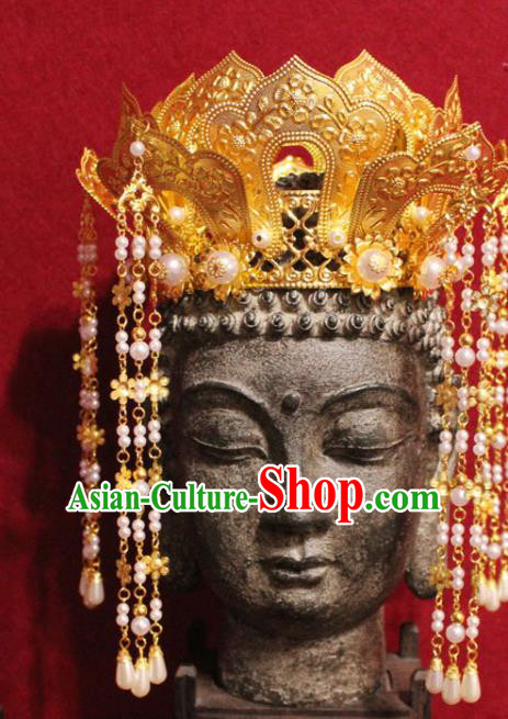 Traditional Chinese Handmade Buddhist Statues Golden Hair Crown Tassel Hair Accessories