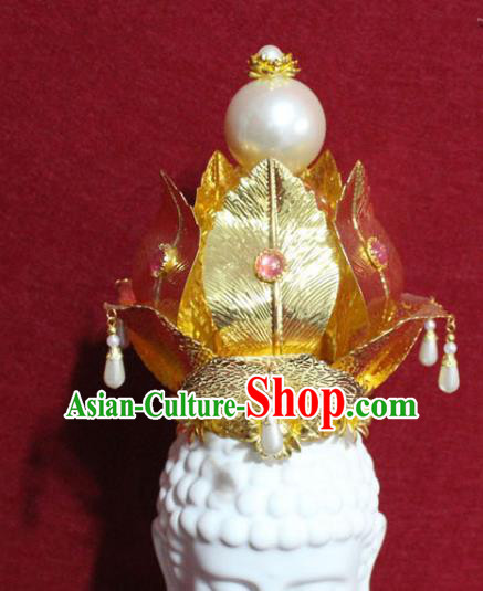 Traditional Chinese Handmade Buddhist Statues Golden Leaf Phoenix Hair Crown Pearls Hair Accessories