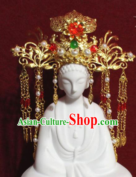 Traditional Chinese Handmade Buddhist Statues Red Flower Phoenix Hair Crown Golden Tassel Hair Accessories