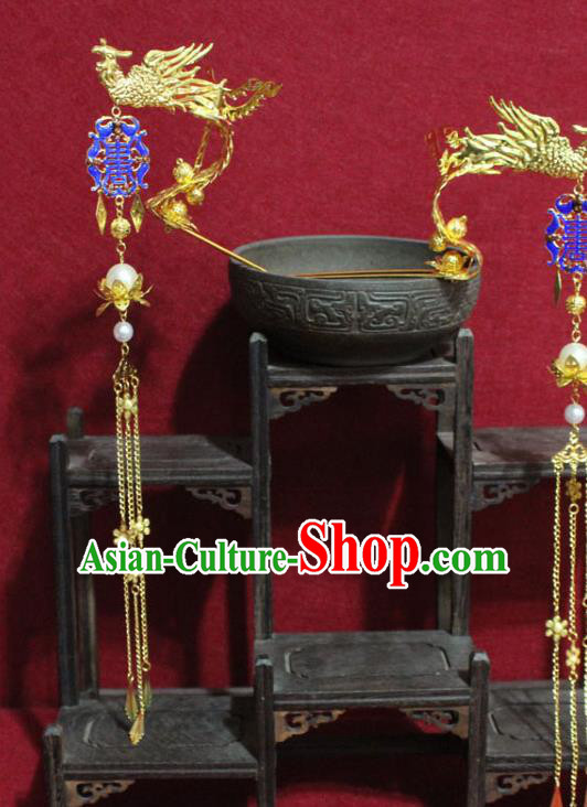 Traditional Chinese Handmade Cloisonne Hair Clips Ancient Queen Golden Phoenix Hairpins Hair Accessories Headwear for Women