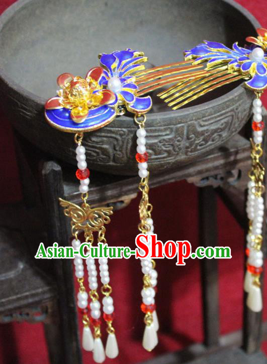 Traditional Chinese Handmade Cloisonne Hair Combs Ancient Queen Pearls Tassel Hairpins Hair Accessories Headwear for Women