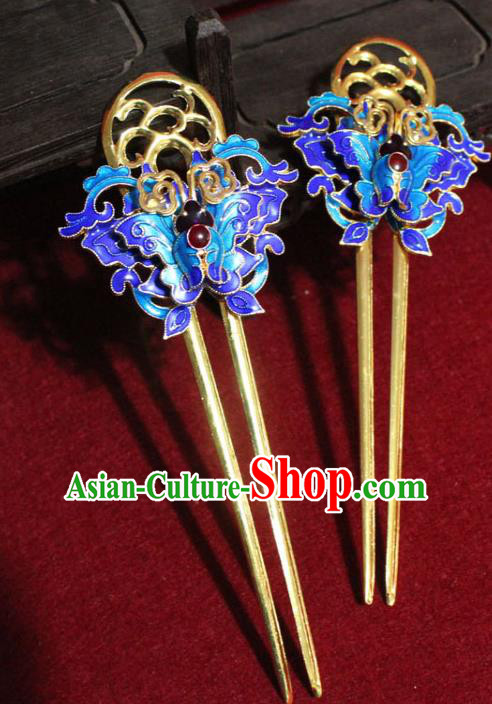 Traditional Chinese Handmade Cloisonne Butterfly Hair Clip Ancient Queen Golden Hairpins Hair Accessories Headwear for Women