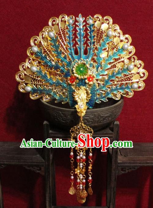 Traditional Chinese Handmade Cloisonne Phoenix Hair Crown Ancient Queen Golden Tassel Hairpins Hair Accessories Court Headwear for Women