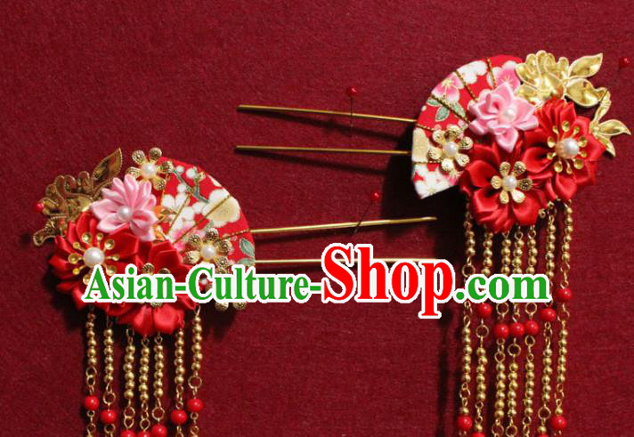 Traditional Chinese Handmade Silk Flowers Hair Clips Ancient Tang Dynasty Empress Tassel Hairpin Hair Accessories Headwear for Women
