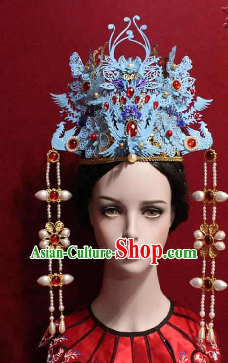 Traditional Chinese Ancient Qing Dynasty Pearls Tassel Phoenix Coronet Handmade Hair Jewelry Imperial Consort Hair Accessories Complete Set