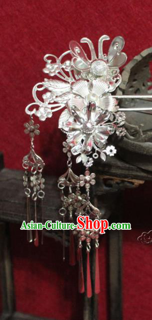 Traditional Chinese Handmade Argent Flowers Tassel Hairpins Ancient Qing Dynasty Imperial Consort Hair Accessories Hair Clip for Women