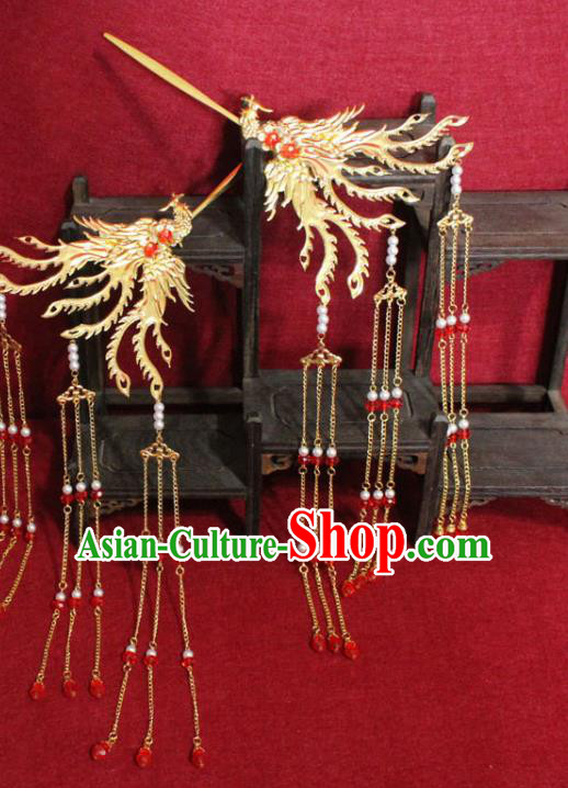 Traditional Chinese Handmade Golden Phoenix Tassel Hairpins Ancient Qing Dynasty Imperial Consort Hair Accessories Hair Clip for Women