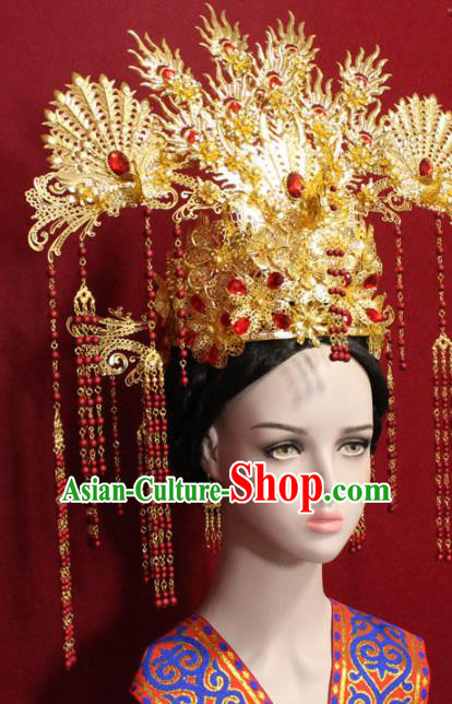 Traditional Chinese Ancient Queen Golden Phoenix Coronet Handmade Hair Jewelry Tassel Hairpins Hair Accessories Complete Set