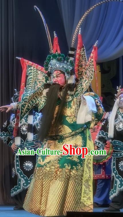 Shuang Ba Lang Chinese Sichuan Opera Military Officer Apparels Costumes and Headpieces Peking Opera General Wang Ying Garment Green Kao Clothing with Flags