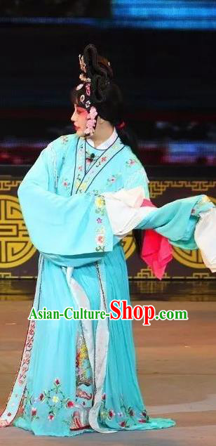 Chinese Sichuan Opera Diva Garment Costumes and Hair Accessories Shuang Tian Guan Traditional Peking Opera Young Beauty Blue Dress Hua Tan Apparels