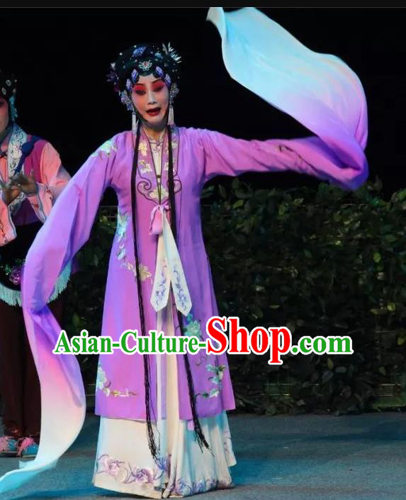 Chinese Sichuan Opera Actress Purple Garment Costumes and Hair Accessories Mother of Mu Lian Traditional Peking Opera Young Female Dress Hua Tan Apparels