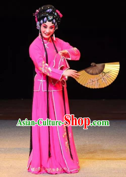 Chinese Sichuan Opera Young Female Garment Costumes and Hair Accessories Mother of Mu Lian Traditional Peking Opera Diva Rosy Dress Actress Apparels