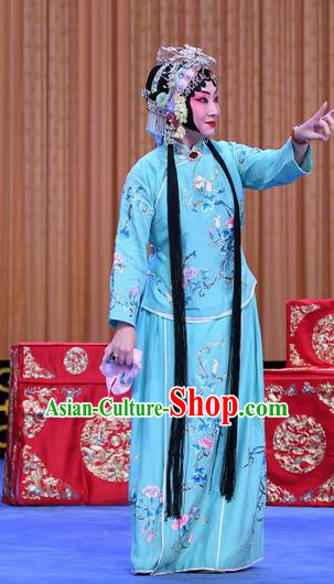 Chinese Beijing Opera Actress Kang Shi Apparels Costumes and Headpieces Gold Turtle Fishing Traditional Peking Opera Young Female Dress Garment