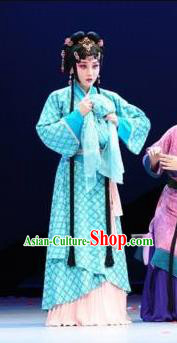 Chinese Beijing Opera Han Dynasty Young Female Apparels Costumes and Headdress Xin Zhui Traditional Peking Opera Hua Tan Blue Dress Actress Garment