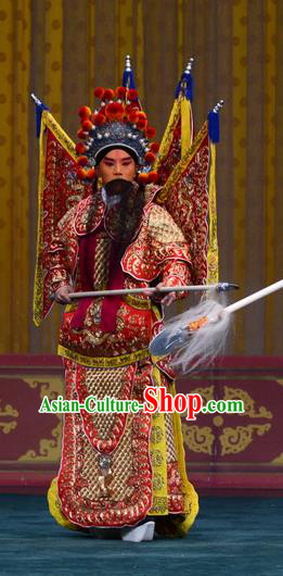Changban Po Hanjin Kou Chinese Peking Opera Wusheng Garment Costumes and Headwear Beijing Opera Apparels General Kao Armor Suit with Flags Clothing