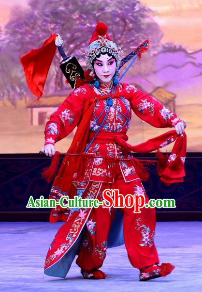 Chinese Beijing Opera Swordswoman Red Apparels Costumes and Headdress Sister Thirteen Traditional Peking Opera Hua Tan Dress He Yufeng Garment
