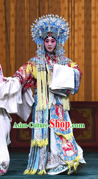 Chinese Beijing Opera Hua Tan Apparels Costumes and Headdress Sacrifice Zhao Shi Gu Er Traditional Peking Opera Princess Zhuang Ji Embroidered Dress Garment