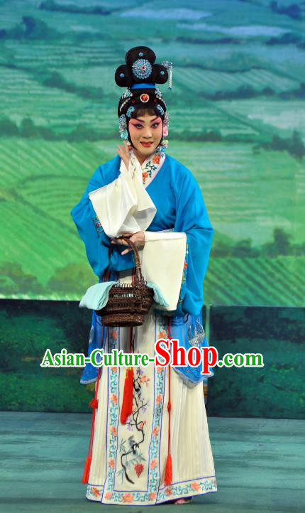 Chinese Beijing Opera Country Girl Xi Shi Apparels Costumes and Headdress Traditional Peking Opera Actress Blue Dress Garment