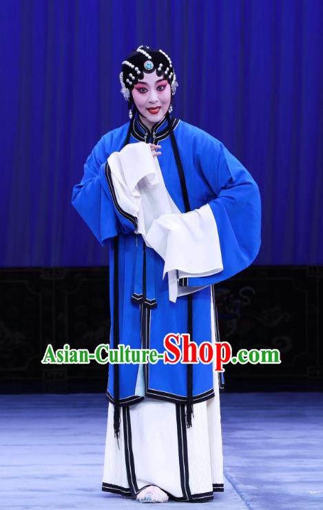 Chinese Beijing Opera Poor Woman Apparels Costumes and Headdress The Unicorn Purse Traditional Peking Opera Tsing Yi Blue Dress Han Xiangling Garment