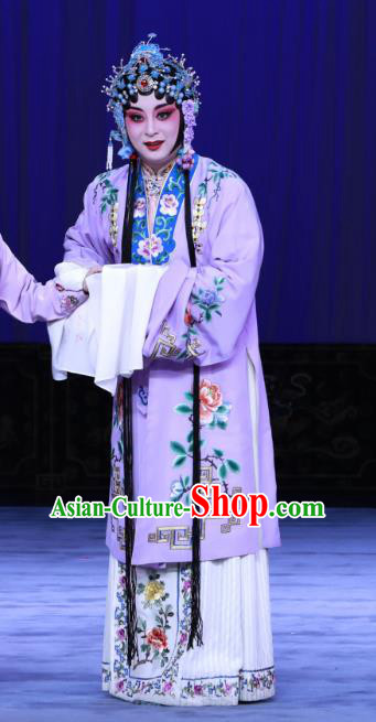 Chinese Beijing Opera Diva Purple Apparels Costumes and Headdress The Unicorn Purse Traditional Peking Opera Hua Tan Han Xiangling Dress Actress Garment