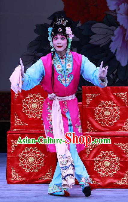 Chinese Beijing Opera Young Lady Apparels Costumes and Headdress The Unicorn Purse Traditional Peking Opera Servant Girl Mei Xiang Dress Garment