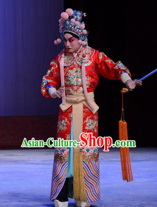 Chu Palace Hen Chinese Peking Opera Martial Male Garment Costumes and Headwear Beijing Opera Crown Prince Jian Red Apparels Clothing