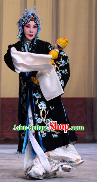 Chinese Beijing Opera Hua Tan Ma Zhaoyi Apparels Costumes and Headdress Chu Palace Hen Traditional Peking Opera Distress Maiden Black Dress Garment