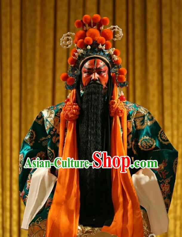 Qing Shi Mountain Chinese Peking Opera Elderly Male Garment Costumes and Headwear Beijing Opera General Guan Yu Apparels Clothing