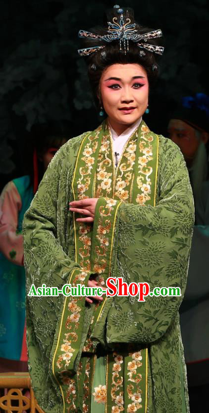 Chinese Beijing Opera Royal Dame Apparels Costumes and Headpieces Zhen Guan Flourishing Age Traditional Peking Opera Elderly Female Green Dress Garment
