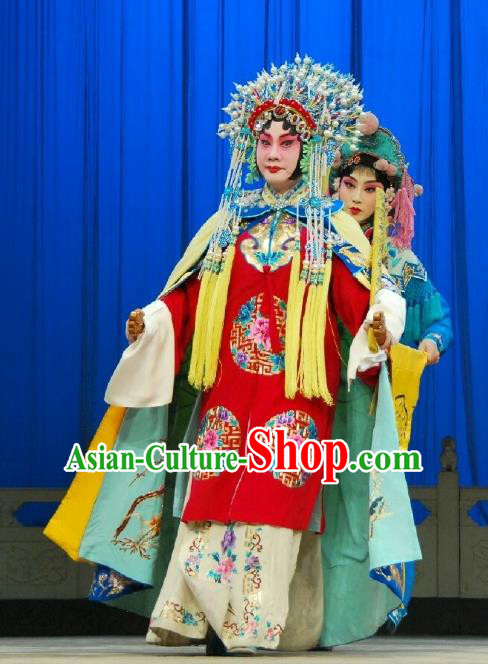 Chinese Beijing Opera Hua Tan Red Apparels Costumes and Headdress A Honey Trap Traditional Peking Opera Actress Sun Shangxiang Dress Bride Garment
