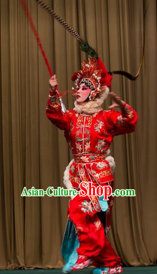 Chinese Beijing Opera Swordswoman Apparels Costumes and Headdress Qing Shi Mountain Traditional Peking Opera Fairy Fox Red Dress Garment