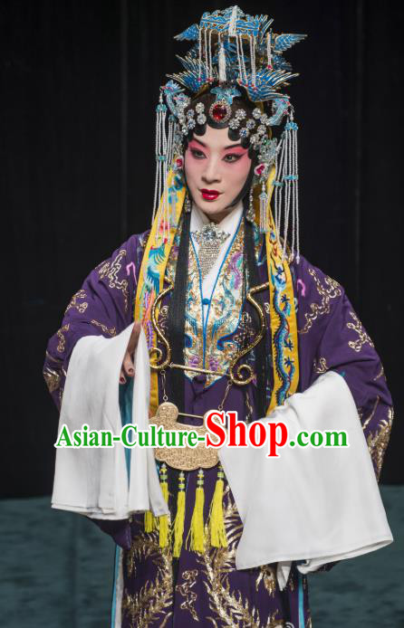 Chinese Beijing Opera Hua Tan Apparels Costumes and Headdress Anecdote of Wu Zetian Traditional Peking Opera Empress Purple Dress Queen Garment
