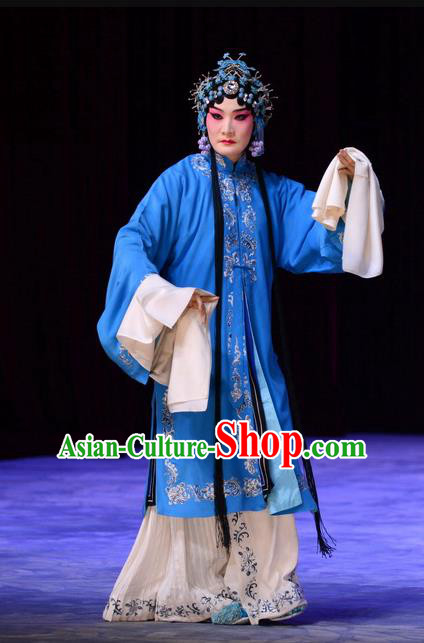 Chinese Beijing Opera Tsing Yi Blue Apparels Costumes and Headdress Tears of Wasted Mountain Traditional Peking Opera Distress Maiden Zhang Huizhu Dress Garment