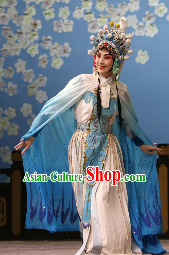 Chinese Beijing Opera Diva Goddess Ling Bo Apparels Costumes and Headdress Hongqiao with the Pearl Traditional Peking Opera Hua Tan White Dress Actress Garment