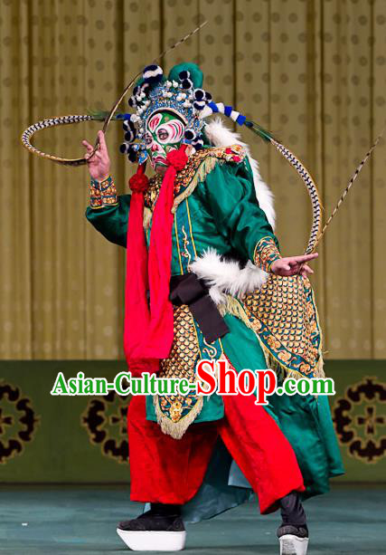 Hongqiao with the Pearl Chinese Peking Opera Takefu Garment Costumes and Headwear Beijing Opera Martial Male Apparels Wusheng Green Clothing