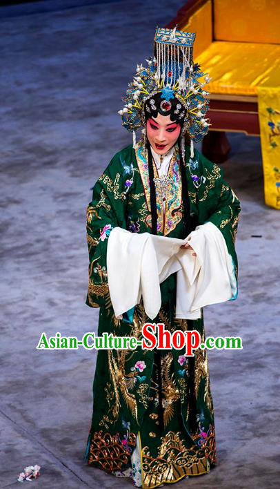 Chinese Beijing Opera Actress Apparels  Palace Queen Costumes and Headdress Anecdote of Wu Zetian Traditional Peking Opera Court Empress Green Dress Garment