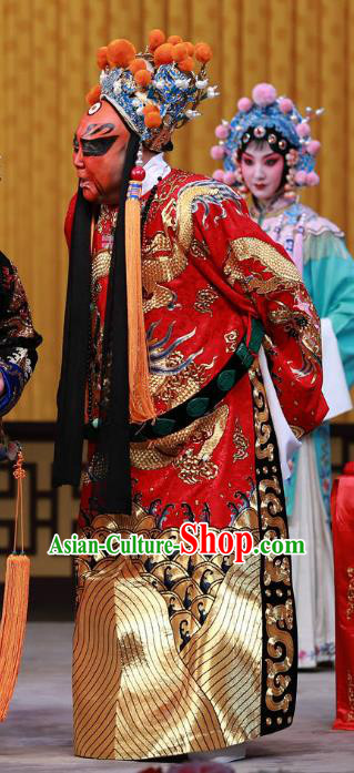 Fa Men Temple Chinese Peking Opera Elderly Male Garment Costumes and Headwear Beijing Opera Official Red Apparels Clothing