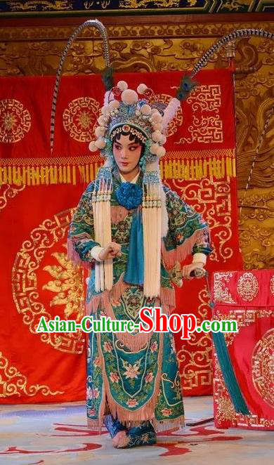 Chinese Beijing Opera Wudan Apparels Costumes and Headdress Bai Hua Zeng Jian Traditional Peking Opera Martial Female Jiang Huayou Dress Armor Garment